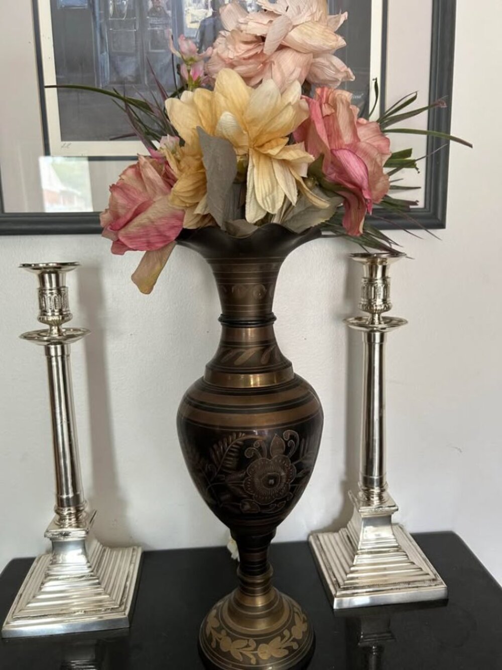 An Authentic Vintage Etched Brass Etched Floral India Vase
